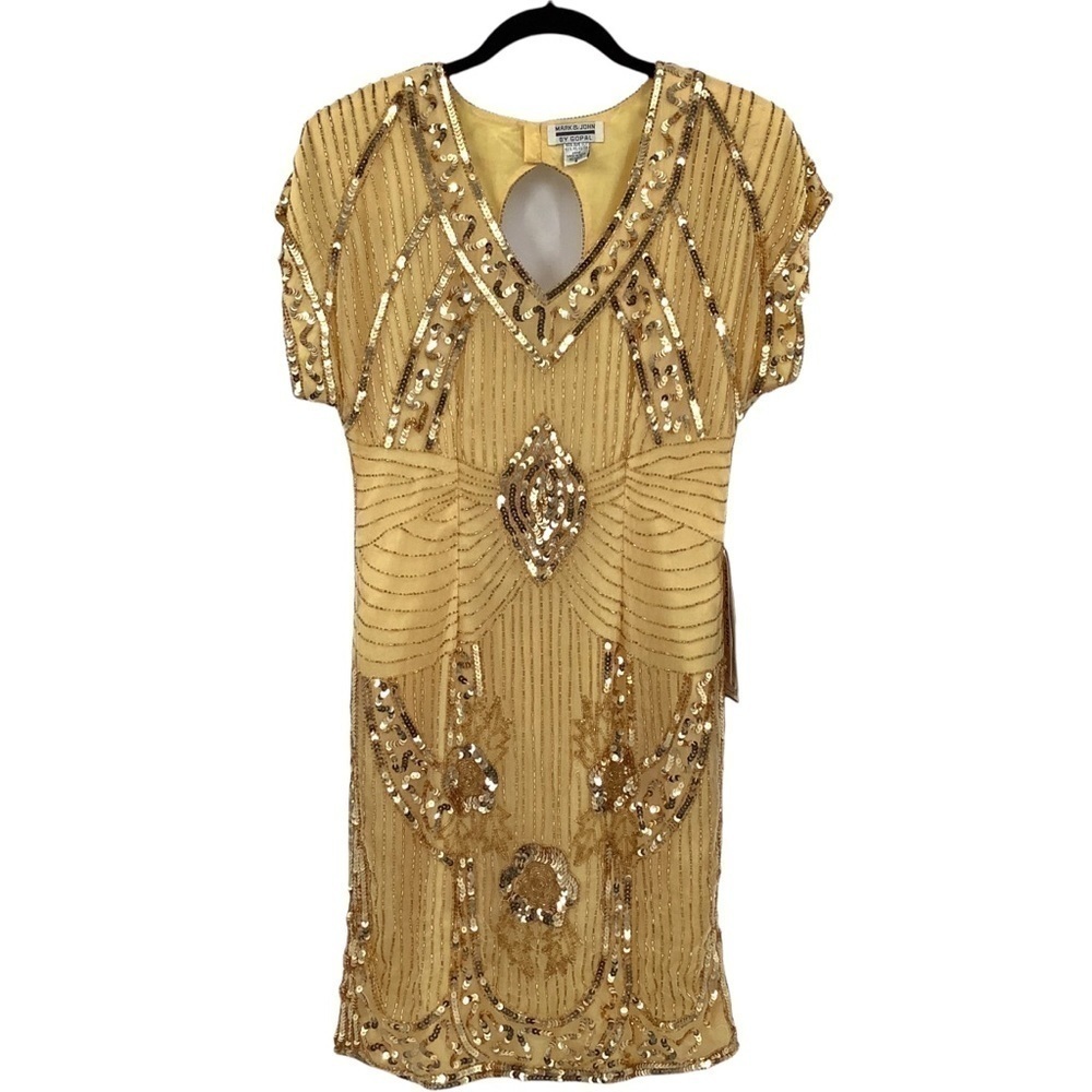 NWT VTG Mark & John by Gopal SILK Gold Sequin Beaded Dress HANDMADE Small